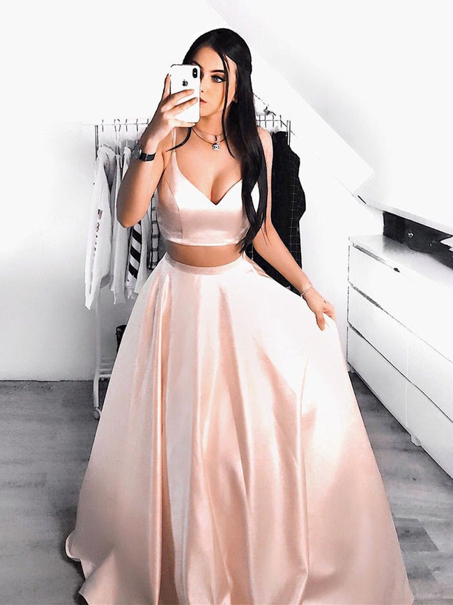 A Line V Neck Two Pieces Satin Long Prom Formal Evening Party Dresses Hover Image