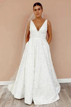 A Line V Neckline Floral Lace Illustion Back Court Train Wedding Dress WD489 by pgmdress