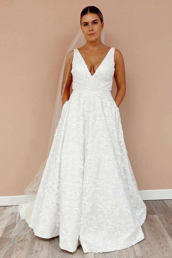 A Line V Neckline Floral Lace  Illustion Back Court Train Wedding Dress WD489 Main Image