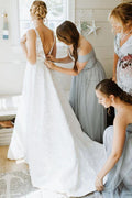 A Line V Neckline Floral Lace Illustion Back Court Train Wedding Dress WD489 by pgmdress