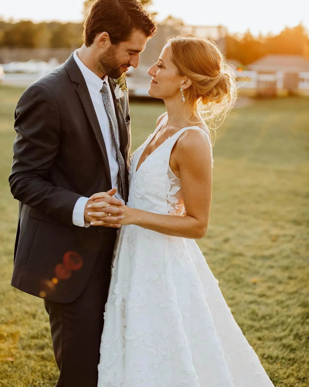 A Line V Neckline Floral Lace Illustion Back Court Train Wedding Dress WD489 by pgmdress