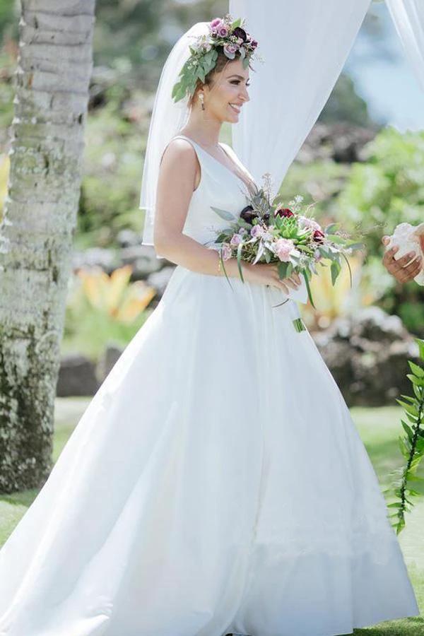 A Line V Neckline Pleated Waistband Simple Satin Wedding Bridal Dress WD482 by pgmdress