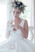 A Line V Neckline Pleated Waistband Simple Satin Wedding Bridal Dress WD482 by pgmdress