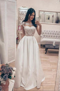 A Line Vintage Lace Bodice Bateau Corset Back Satin Wedding Dress WD523 by pgmdress