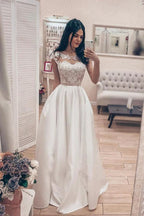 A Line Vintage Lace Bodice Bateau Corset Back Satin Wedding Dress WD523 by pgmdress