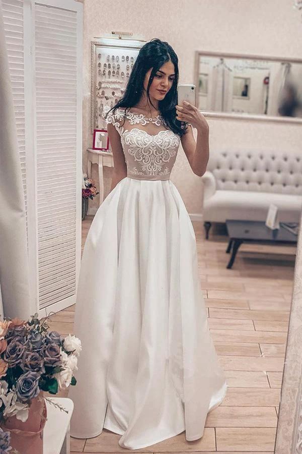 A Line Vintage Lace Bodice Bateau Corset Back Satin Wedding Dress WD523 by pgmdress