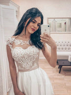 A Line Vintage Lace Bodice Bateau Corset Back Satin Wedding Dress WD523 by pgmdress