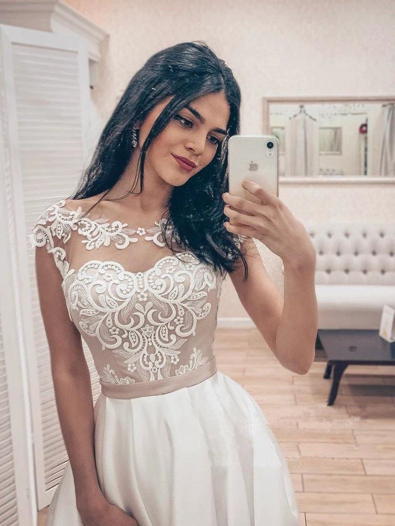 A Line Vintage Lace Bodice Bateau Corset Back Satin Wedding Dress WD523 by pgmdress