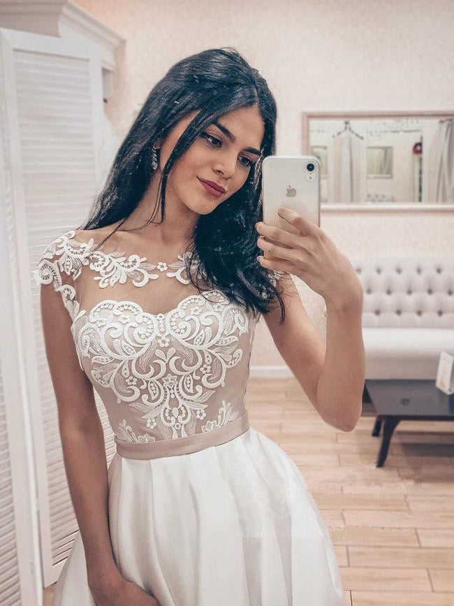 A Line Vintage Lace Bodice Bateau Corset Back Satin Wedding Dress WD523 Main Image