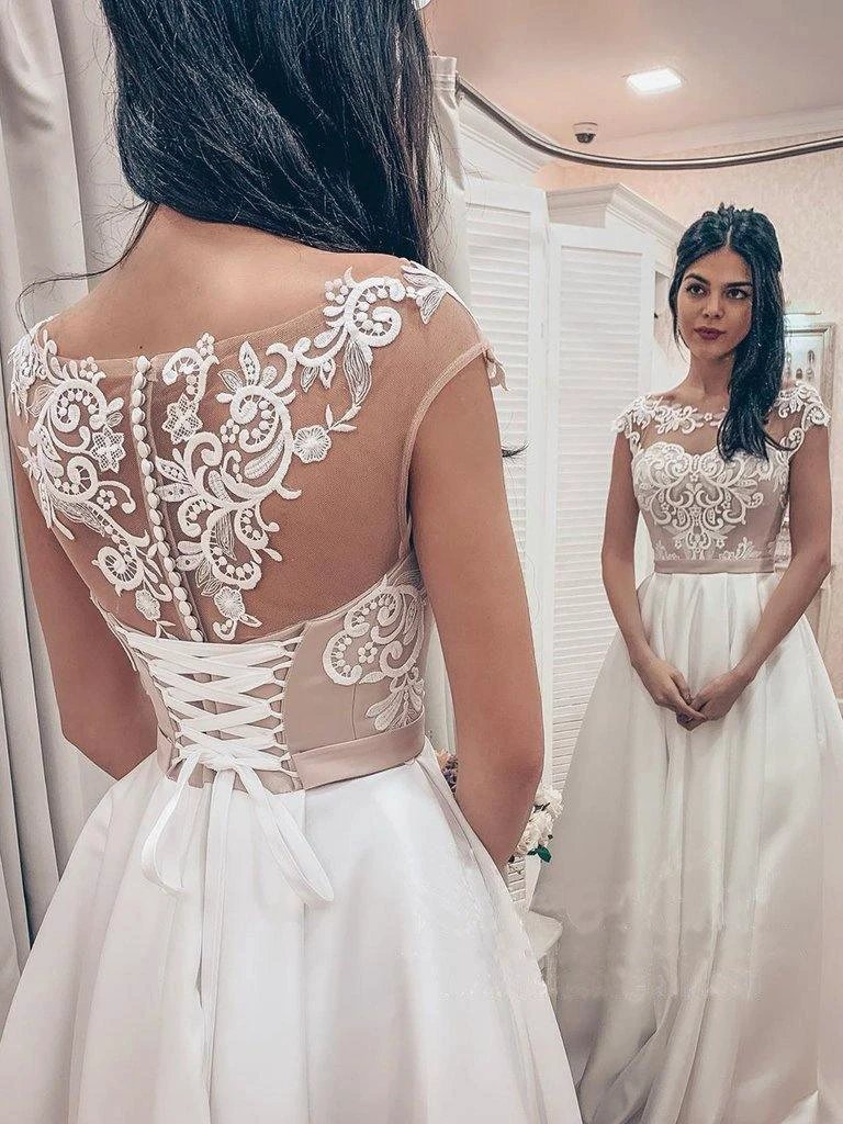 A Line Vintage Lace Bodice Bateau Corset Back Satin Wedding Dress WD523 by pgmdress