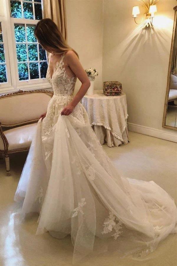 A-line Vintage Rustic Wedding Dresses V Neck Beaded Lace Bridal Gown WD351 by pgmdress