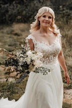 A-Line Wedding Gown with Illusion Neck With Back Lace Appliqued WD441 by pgmdress