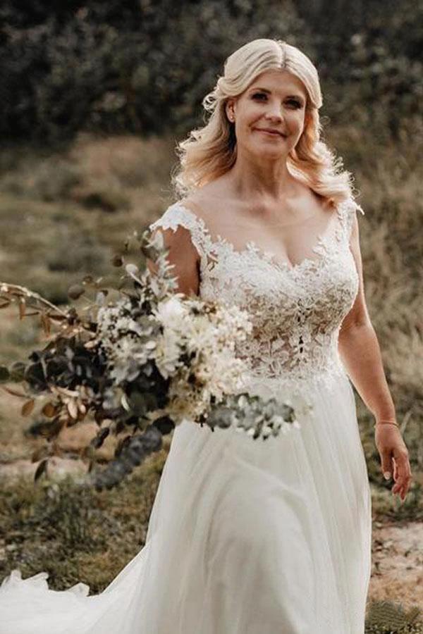 A-Line Wedding Gown with Illusion Neck With Back Lace Appliqued WD441 by pgmdress