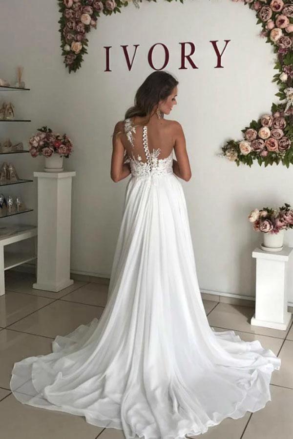 A-Line White Chiffon Appliques See Through Boho Wedding Dress WD344 by pgmdress