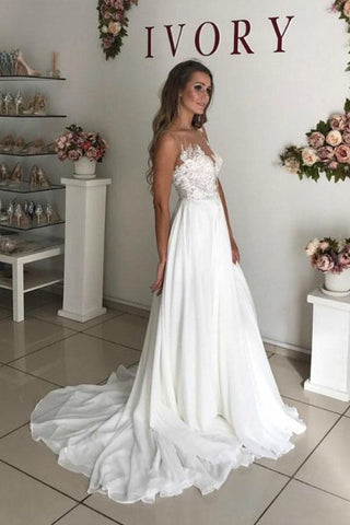 A-Linie Weiß Chiffon Applikationen Durchsichtig Boho Brautkleid WD344