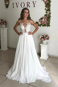 A-Line White Chiffon Appliques See Through Boho Wedding Dress WD344 by pgmdress