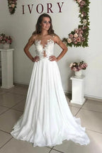 A-Line White Chiffon Appliques See Through Boho Wedding Dress WD344 by pgmdress