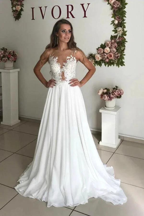 A-Line White Chiffon Appliques See Through Boho Wedding Dress WD344 by pgmdress