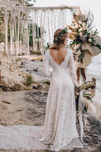 A-Line White Lace Floor-Length Wedding Dress With Long Sleeves WD542 by pgmdress