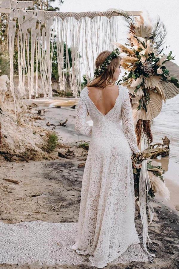 A-Line White Lace Floor-Length Wedding Dress With Long Sleeves WD542 by pgmdress