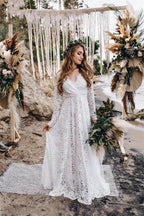 A-Line White Lace Floor-Length Wedding Dress With Long Sleeves WD542 by pgmdress