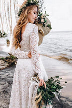 A-Line White Lace Floor-Length Wedding Dress With Long Sleeves WD542 by pgmdress
