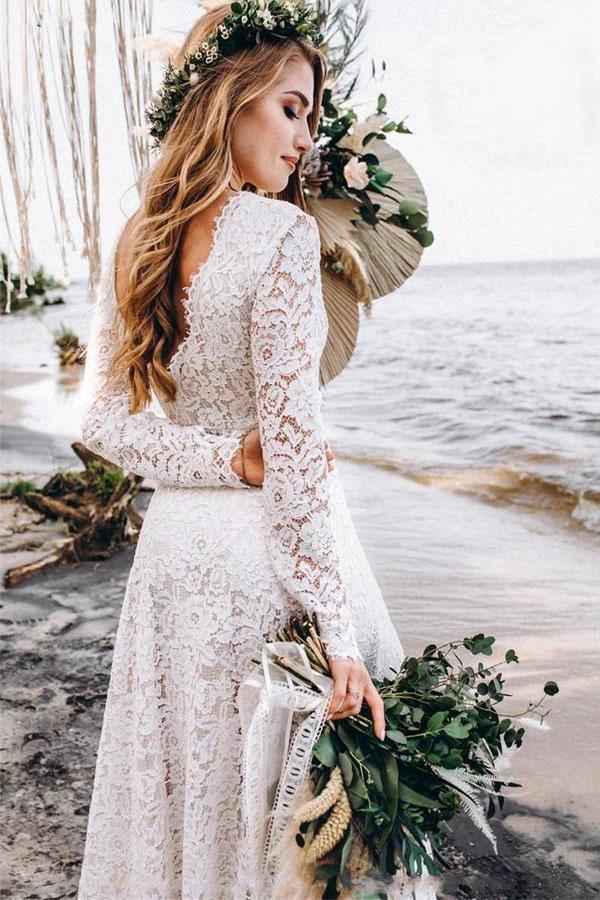 A-Line White Lace Floor-Length Wedding Dress With Long Sleeves WD542 by pgmdress