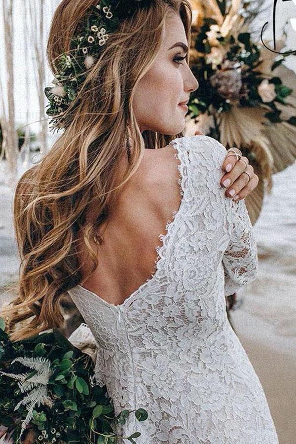 A-Line White Lace Floor-Length Wedding Dress With Long Sleeves WD542 by pgmdress