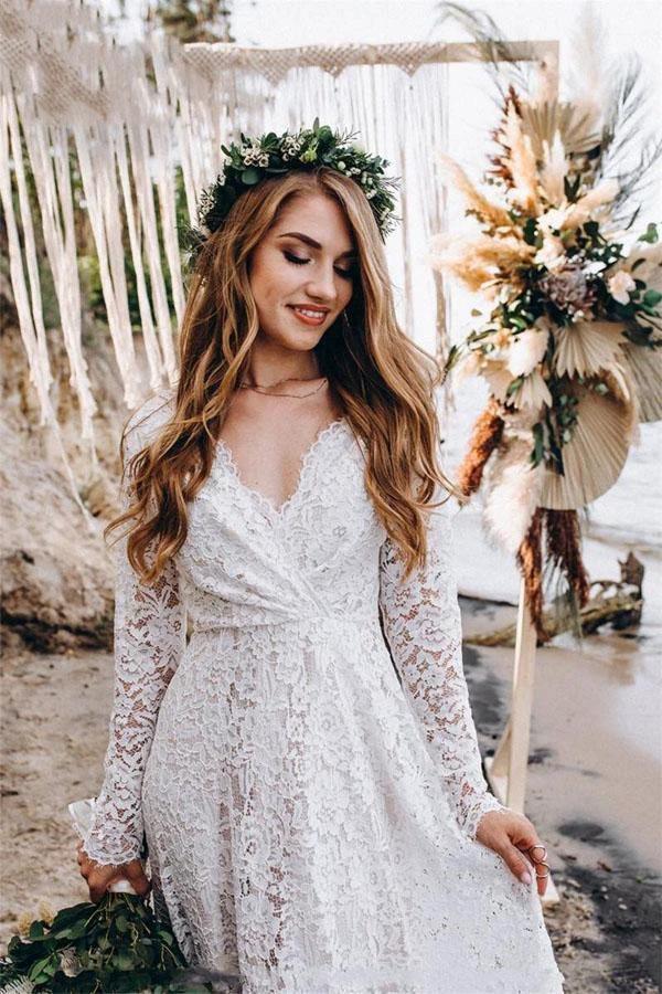 A-Line White Lace Floor-Length Wedding Dress With Long Sleeves WD542 by pgmdress