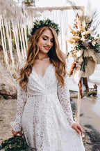 A-Line White Lace Floor-Length Wedding Dress With Long Sleeves WD542 by pgmdress