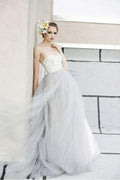 A-line White Lace Grey Tulle Strapless Sweetheart Neck Wedding Dress WD071 by pgmdress