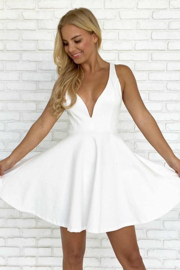 A-line White Straps Satin Backless Short Prom Dress Homecoming Dress PD286 Hover Image