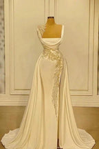 A-Line Wide Straps Square Neckline Beading Prom Dress With Side Slit by misshow.com