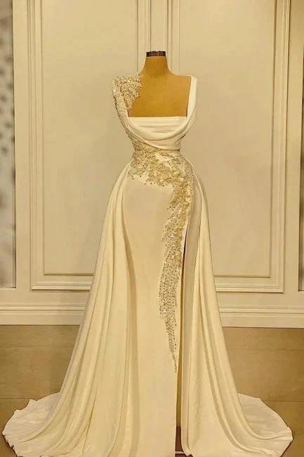 A-Line Wide Straps Square Neckline Beading Prom Dress With Side Slit by misshow.com