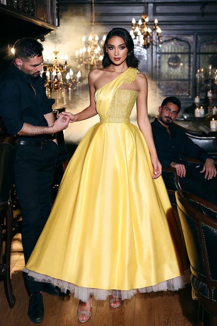 A-line Yellow One Shoulder Sequined Prom Dress With Ruffles by misshow.com