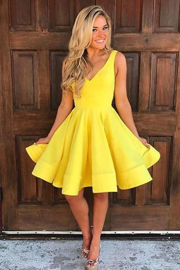 A-line Yellow Satin Short Prom Dress Homecoming Dress Short Prom Dresses PG113 by pgmdress