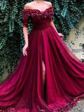 A-Line/Elegant 1/2 Sleeves Off-the-Shoulder Ruffles Tulle Prom Dresses by misshow.com