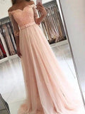 A-Line/Elegant 3/4 Sleeves Off-the-Shoulder Tulle Sash/Ribbon/Belt Prom Dresses by misshow.com