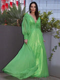 A-Line/Elegant 3D Chiffon Ruffles V-neck Long Sleeves Prom Dresses by misshow.com