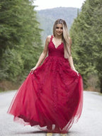 A-Line/Elegant Applique Tulle Sleeveless V-neck Floor-Length Prom Dresses by misshow.com