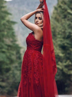 A-Line/Elegant Applique Tulle Sleeveless V-neck Floor-Length Prom Dresses by misshow.com