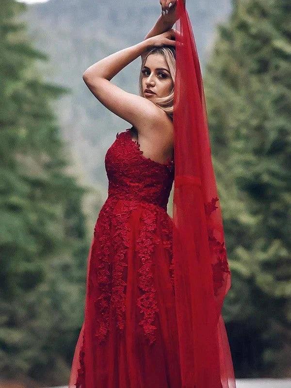 A-Line/Elegant Applique Tulle Sleeveless V-neck Floor-Length Prom Dresses by misshow.com
