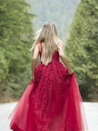 A-Line/Elegant Applique Tulle Sleeveless V-neck Floor-Length Prom Dresses by misshow.com