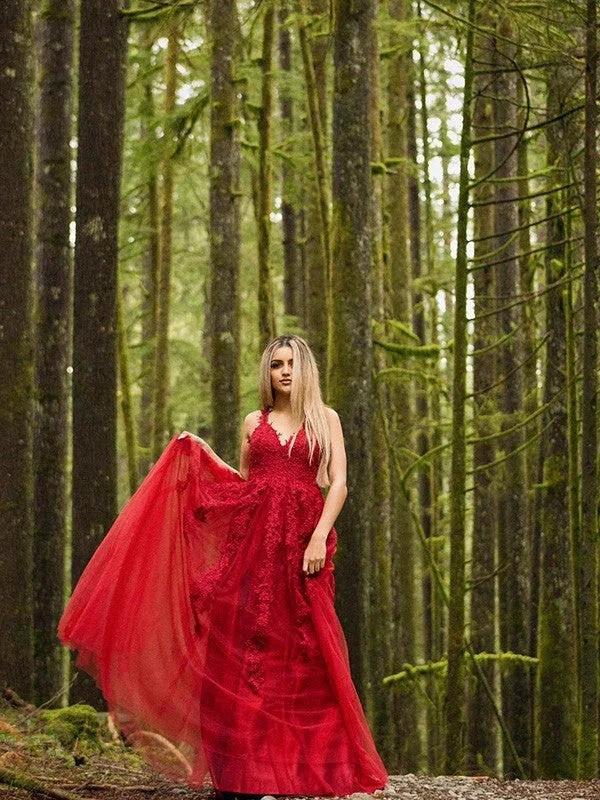 A-Line/Elegant Applique Tulle Sleeveless V-neck Floor-Length Prom Dresses by misshow.com