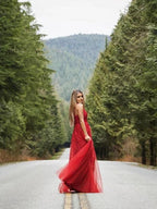A-Line/Elegant Applique Tulle Sleeveless V-neck Floor-Length Prom Dresses by misshow.com