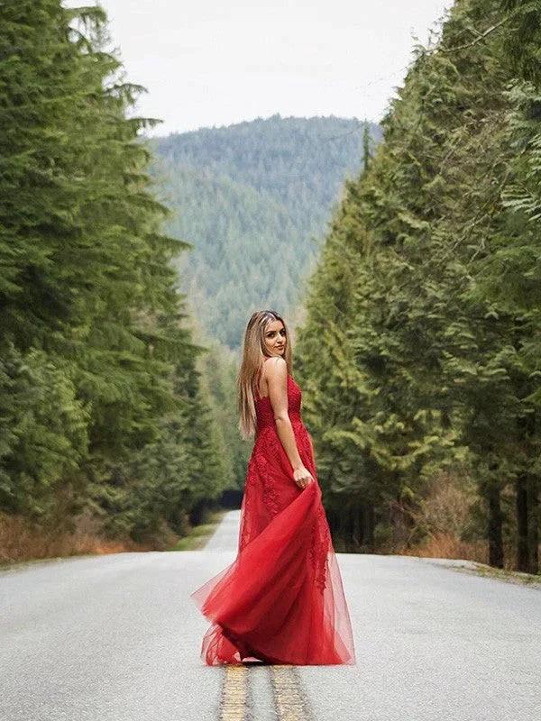 A-Line/Elegant Applique Tulle Sleeveless V-neck Floor-Length Prom Dresses by misshow.com