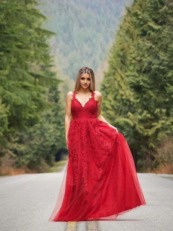 A-Line/Elegant Applique Tulle Sleeveless V-neck Floor-Length Prom Dresses by misshow.com