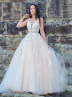 A-Line/Elegant Applique Tulle Sleeveless V-neck Prom Dresses by misshow.com
