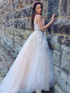 A-Line/Elegant Applique Tulle Sleeveless V-neck Prom Dresses by misshow.com
