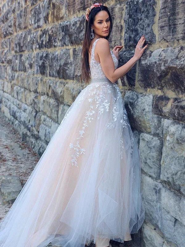 A-Line/Elegant Applique Tulle Sleeveless V-neck Prom Dresses by misshow.com